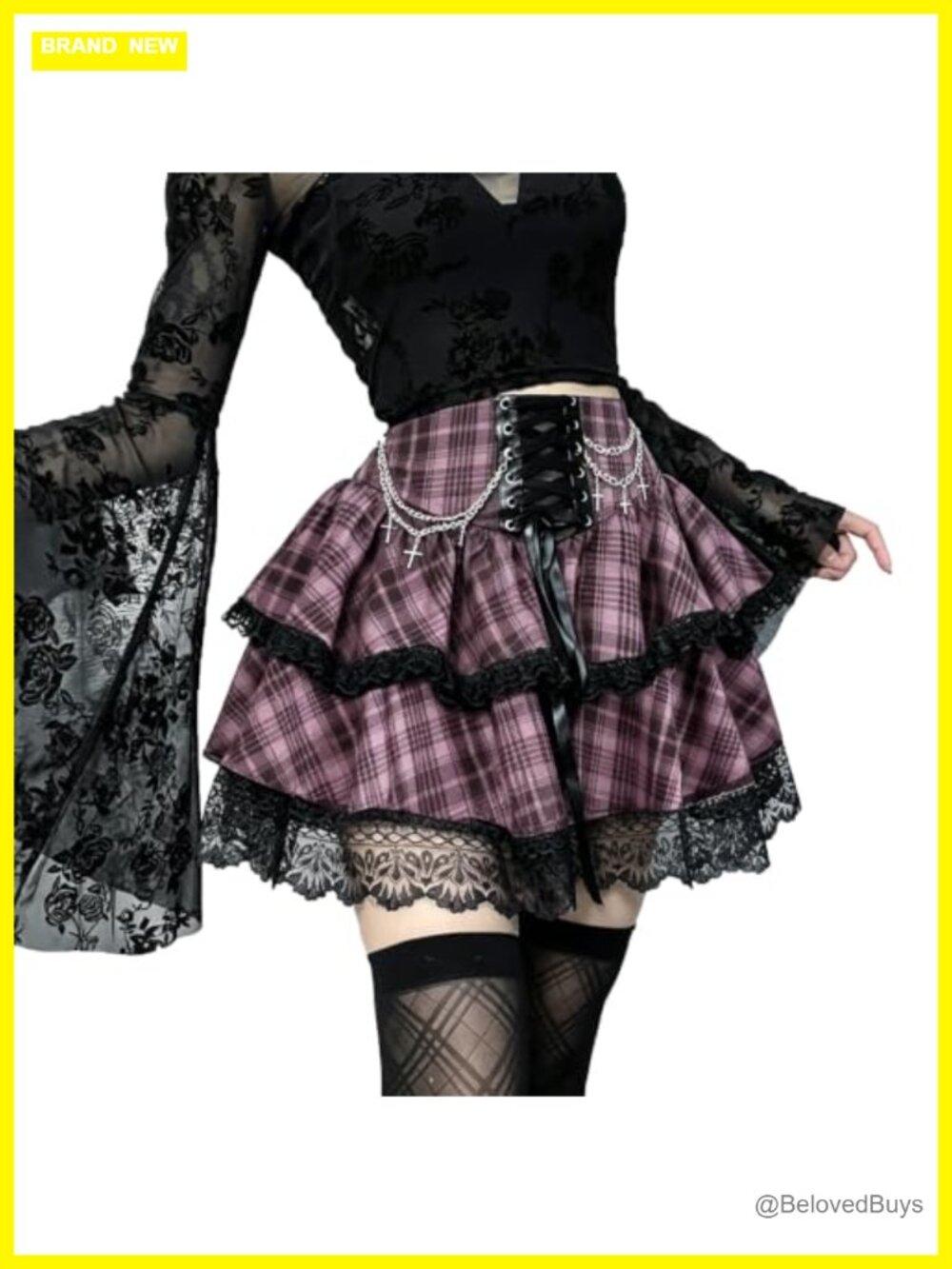 Gothic Mini Skirt High Waisted Polyester Spandex Lace Up Ruffle A-Line
